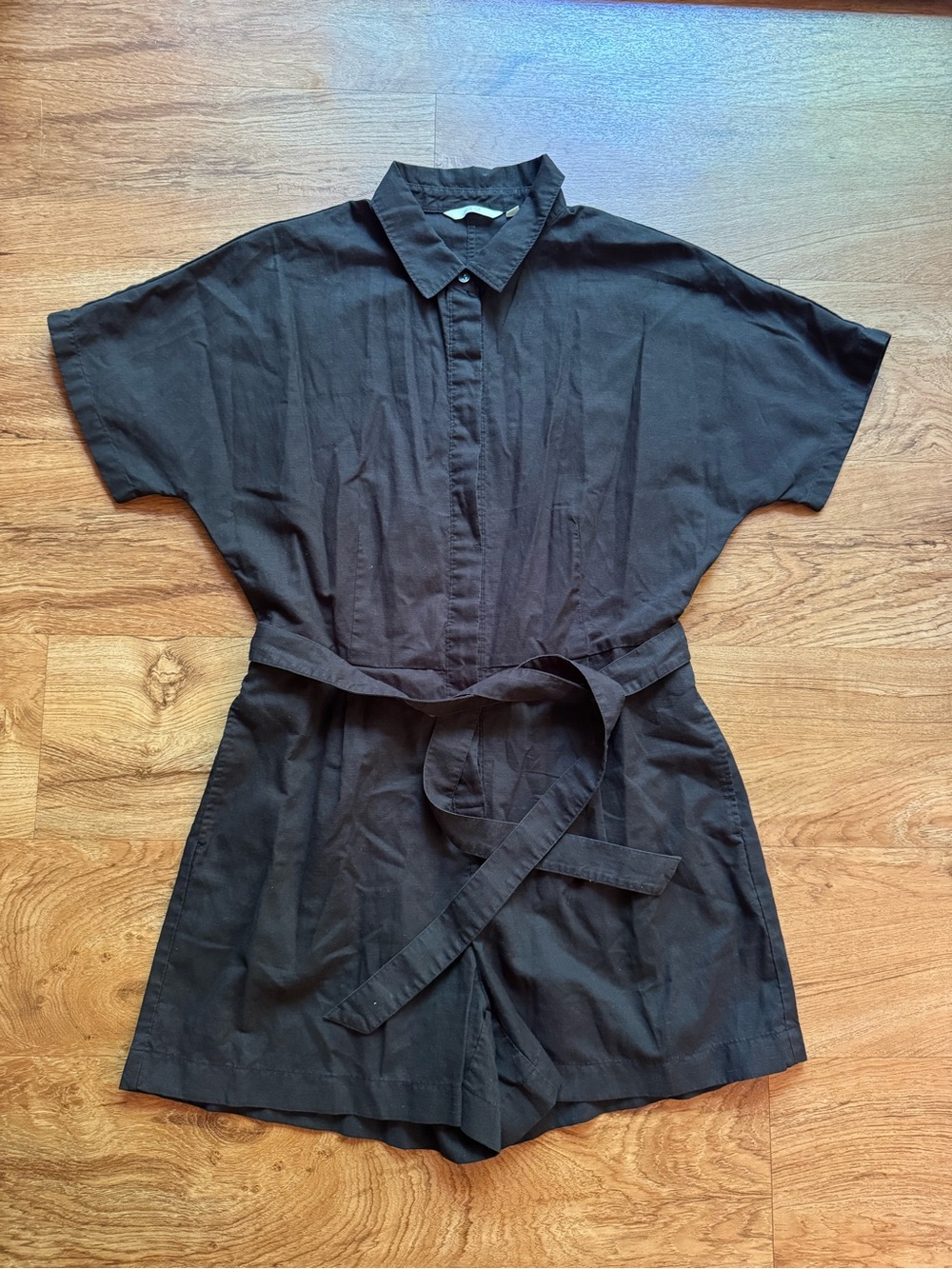 Black Short-Sleeve Belted Linen Romper